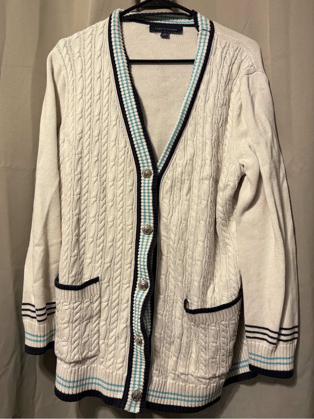 Tommy Hilfiger Cream Sweater with Navy Trim and Light Blue Stripe